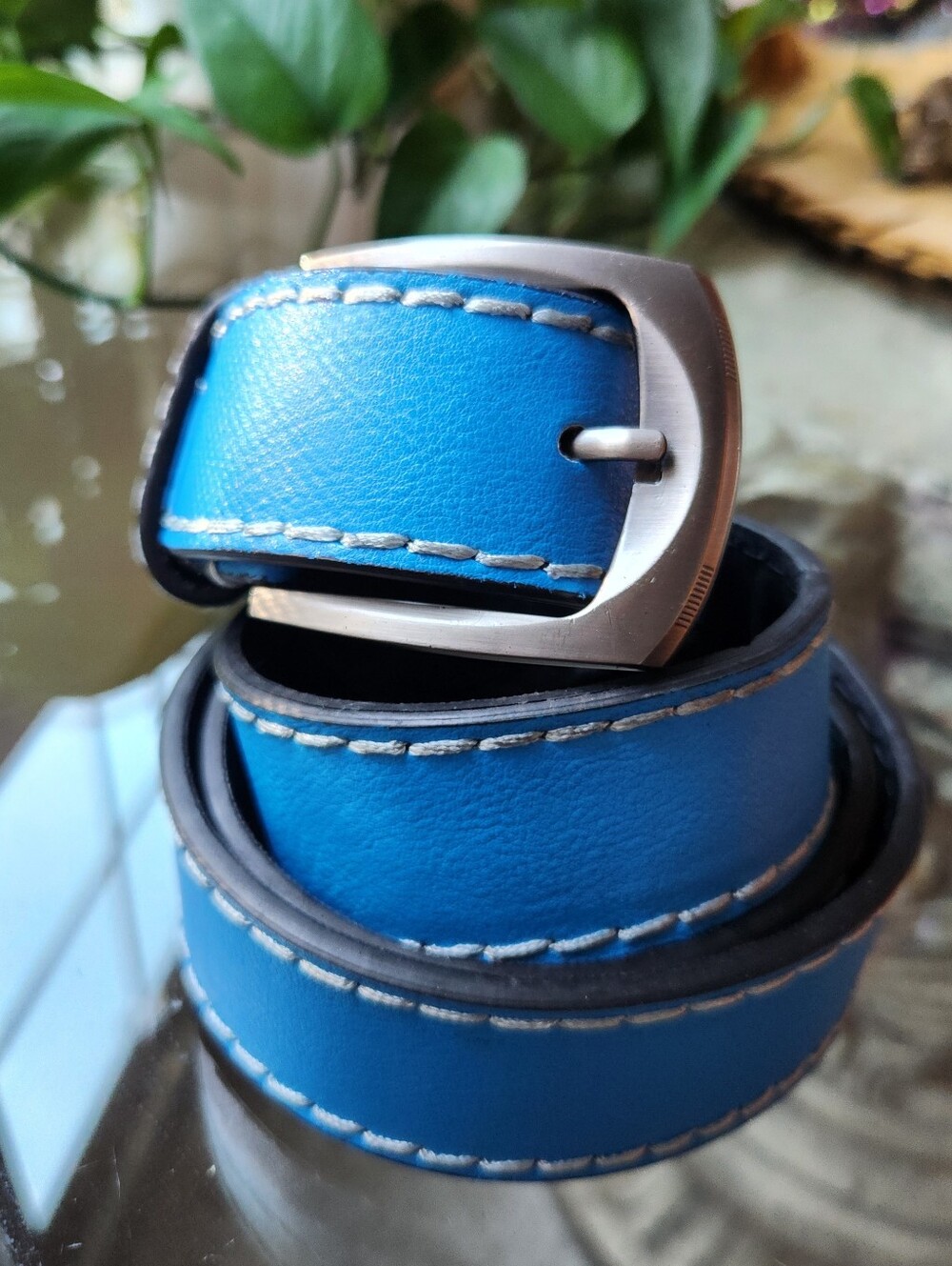 GK Genuine Leather Belt Mens 40 Turquoise Electric Blue Gunmetal Buckle Golf